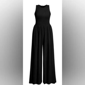 OQQ Wide Leg Jumpsuit Size S Black One Piece Sleeveless Crew Neck Jumpsuits